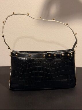 Black Croc-Embossed Shoulder Bag with Gold Studs